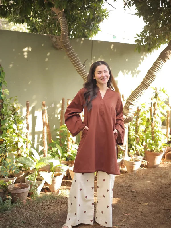 Hearts Chocolate (Stitched 2 Pcs) Premium Stone Linen