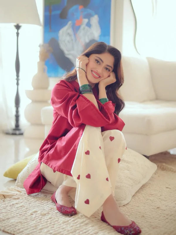 Hearts Red (Stitched 2 Pcs) Premium Stone Linen