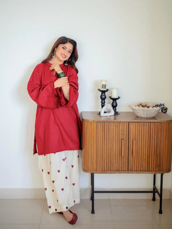 Hearts Red (Stitched 2 Pcs) Premium Stone Linen