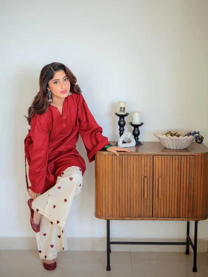 Hearts Red (Stitched 2 Pcs) Premium Stone Linen