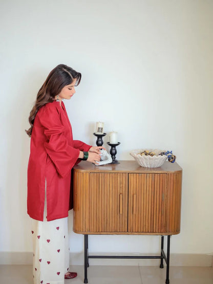 Hearts Red (Stitched 2 Pcs) Premium Stone Linen