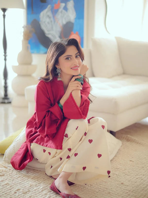 Hearts Red (Stitched 2 Pcs) Premium Stone Linen