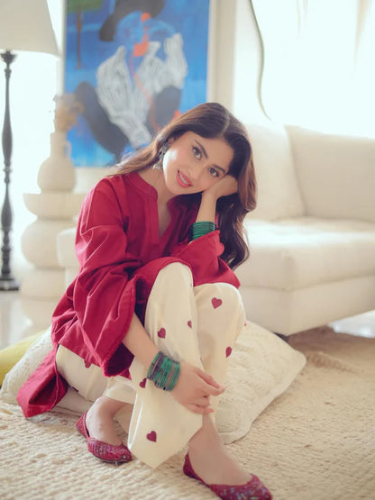 Hearts Red (Stitched 2 Pcs) Premium Stone Linen