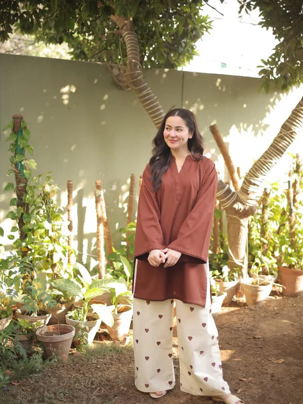 Hearts Chocolate (Stitched 2 Pcs) Premium Stone Linen