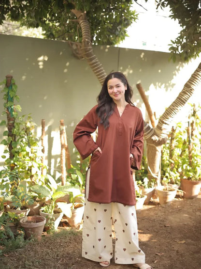 Hearts Chocolate (Stitched 2 Pcs) Premium Stone Linen